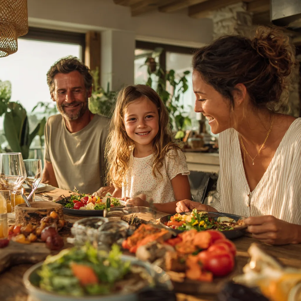 Familia compartiendo una comida con Weilo
